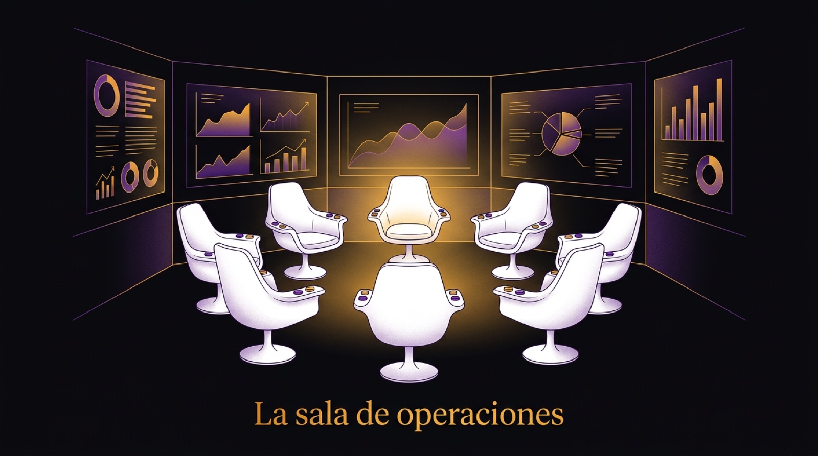 La sala hexagonal de Cybersyn: siete sillas, botones en los brazos, la economía en las paredes, sin papel ni teclados