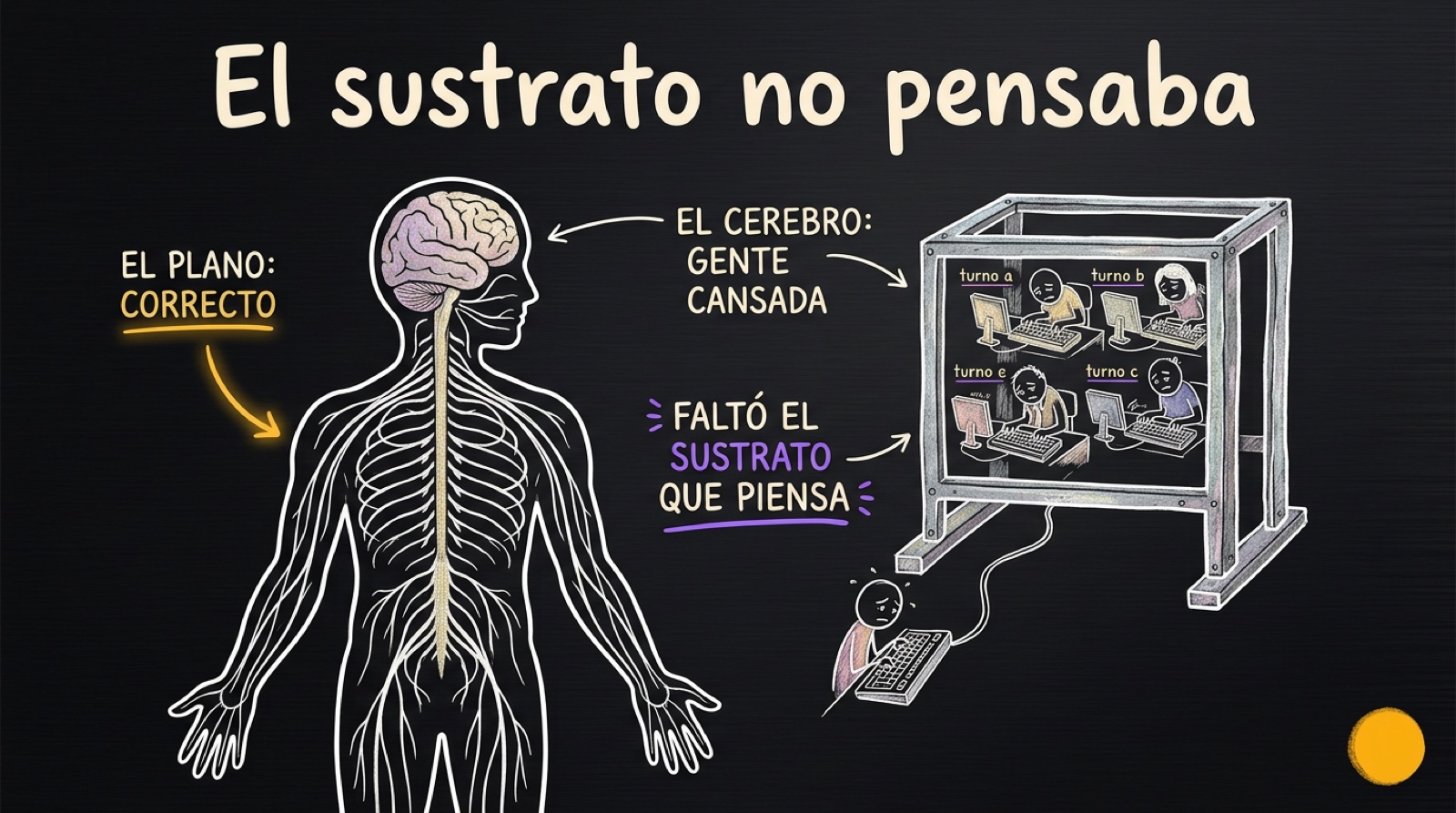 El plano del sistema nervioso era correcto; en el lugar del cerebro solo había gente cansada tecleando. Faltaba la pieza que piensa