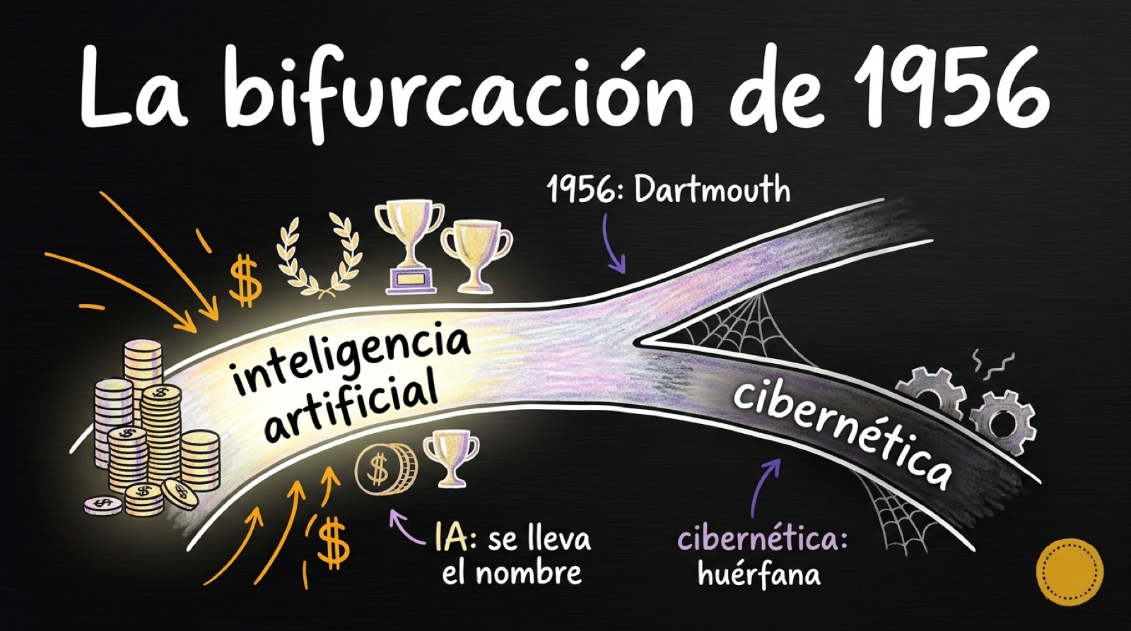 En 1956 el camino se bifurca: "inteligencia artificial" se lleva el nombre, el dinero y el prestigio; la cibernética queda en sombra